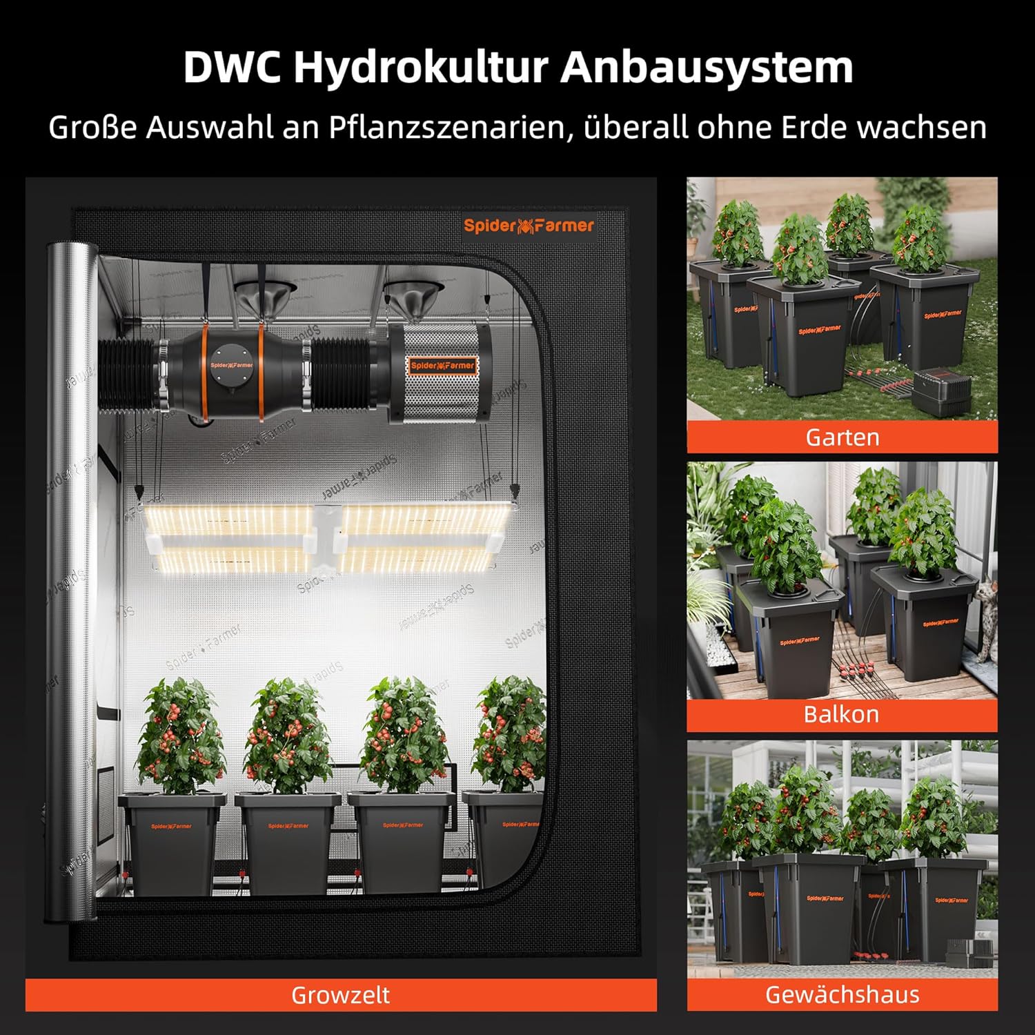 Spider Farmer DWC Hydrokultur Anbausystem mit 27 Liter/7 Gallonen Tiefwasserkultur, Neues Dreieckige Abdeckung Design, Umwälzendes Drip Garden System mit Topf-Tropfkit, 12W Luftpumpe, 4 Eimer