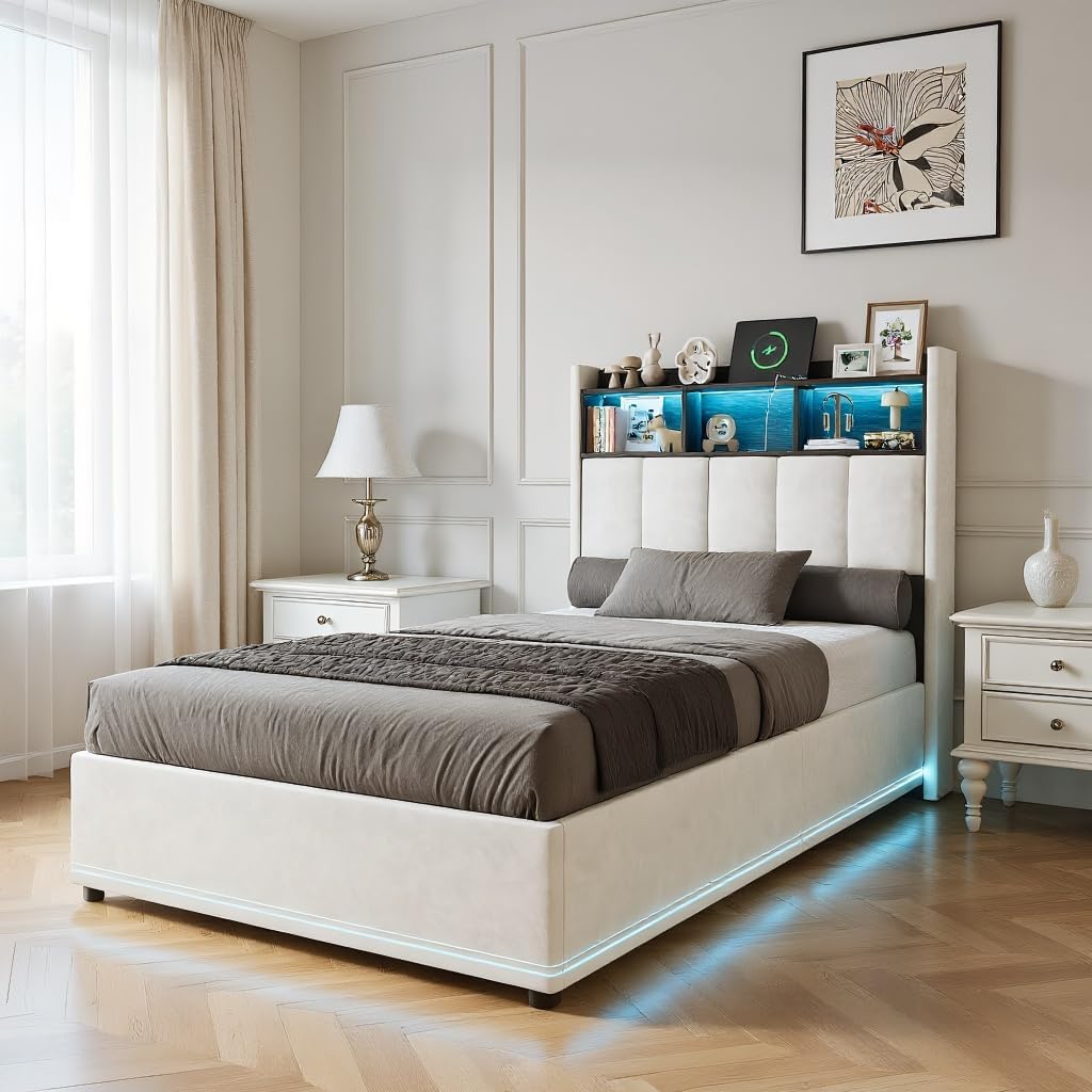 Doppelbett, gepolstert, 90 x 200 cm, Bett mit Stauraum, Einzelbett mit LED-Beleuchtung und USB, funktionell, mit Samt gepolstert, für Erwachsene, Jugendliche, ohne Matratze (Samt, weiß, 90 x 200 cm)