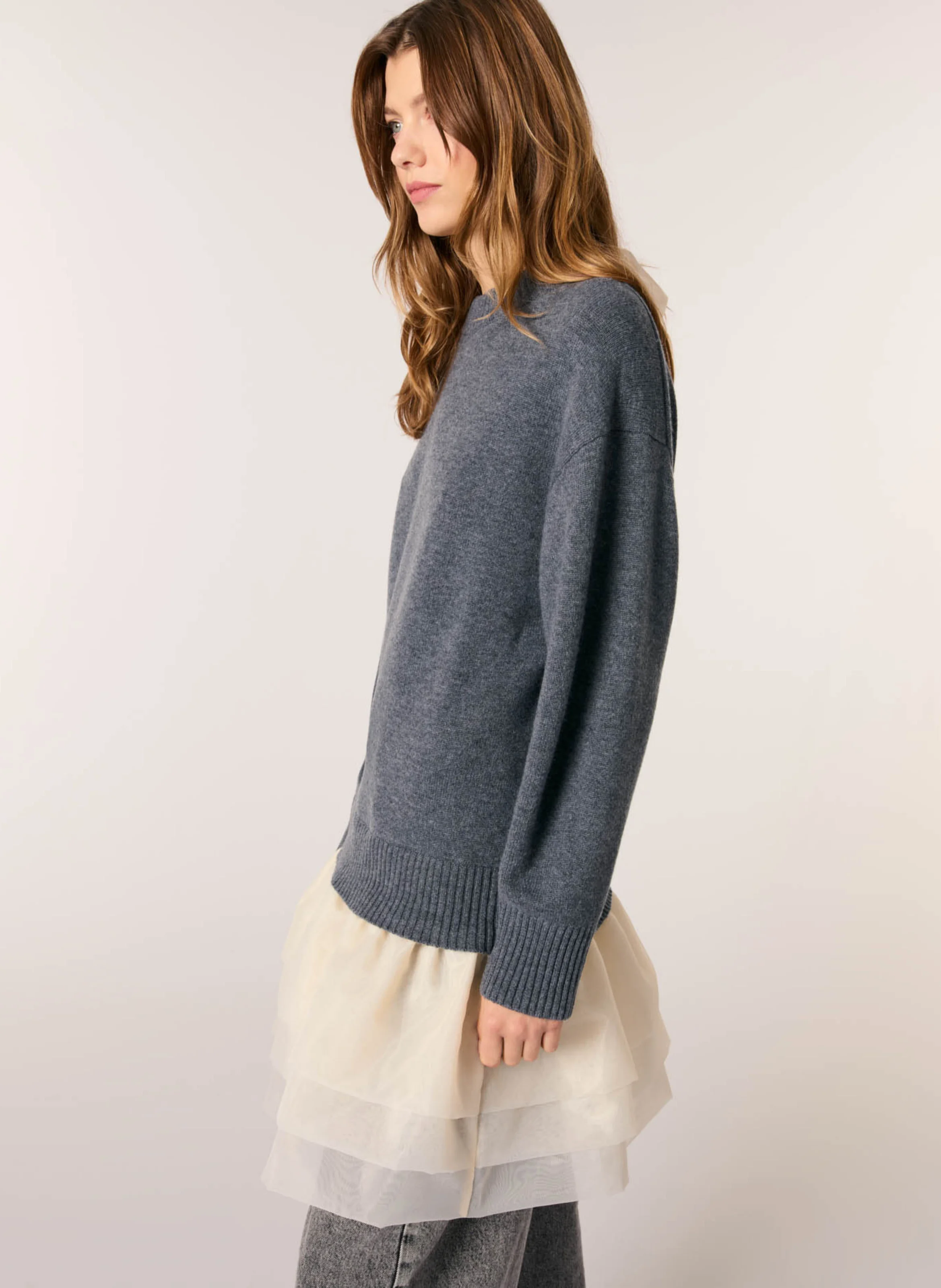 Robe courte col rond en laine mélangée | Gris
