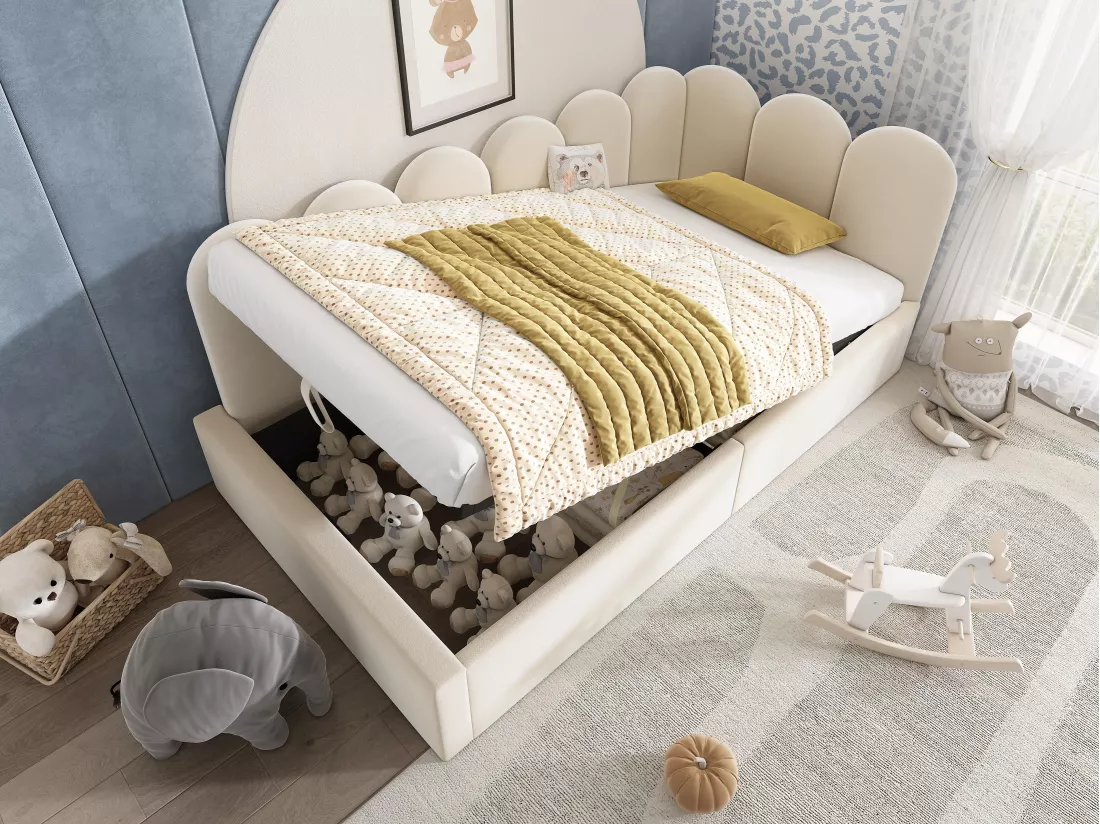 Lit banquette avec rangement - tissu en velours - 90x200 cm - avec sommier à lattes - Beige