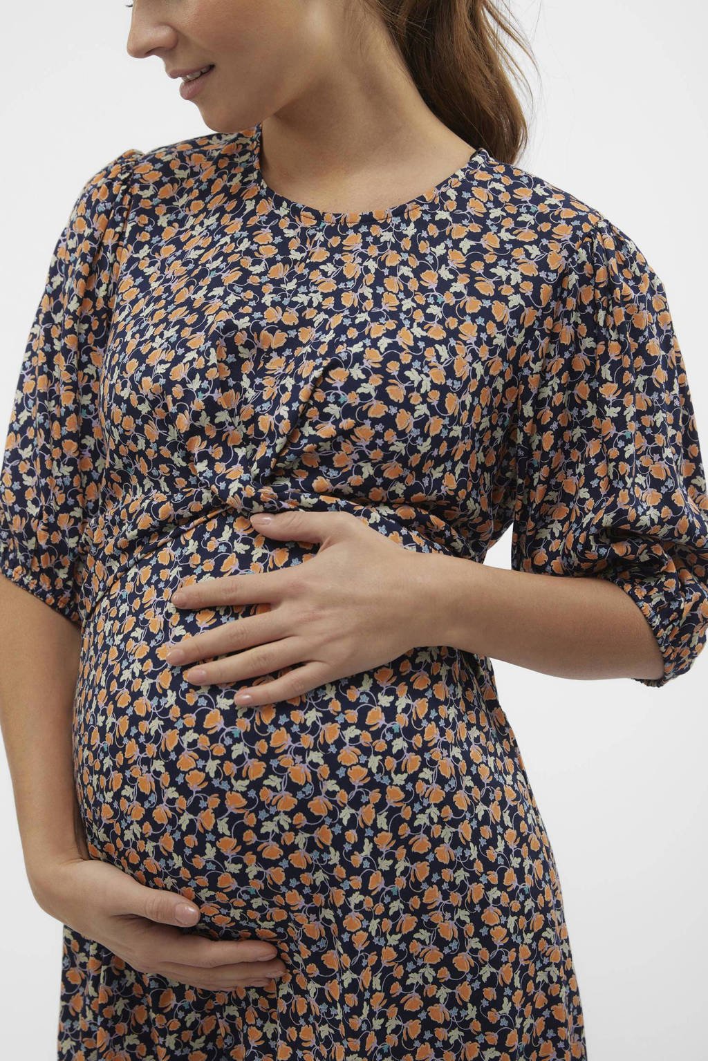 zwangerschapsjurk met all over print donkerblauw/oranje