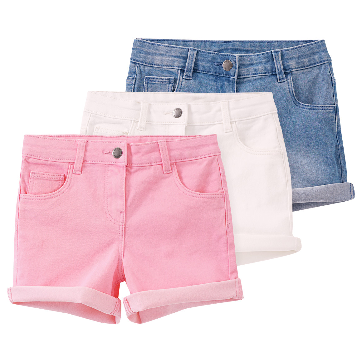 Famy 3 Mädchen Jeansshorts im Five-Pocket-Style rosa / weiss / blau