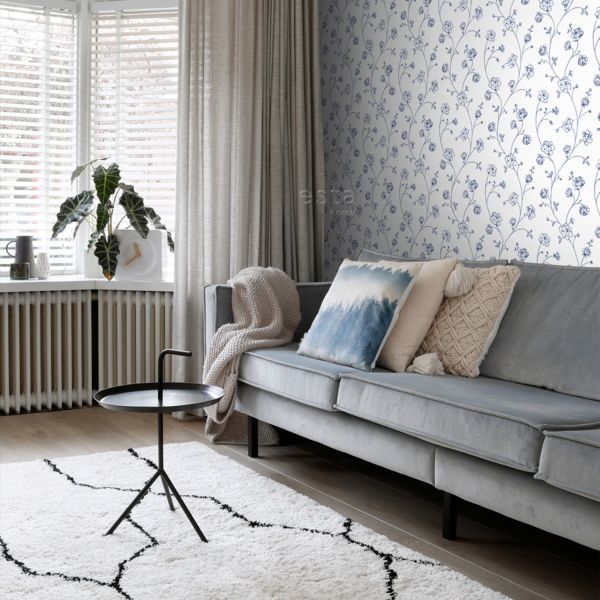 Estahome Toile De Jouy Rozen Behang - 0,53 x 10,05 m - Wit / Blauw