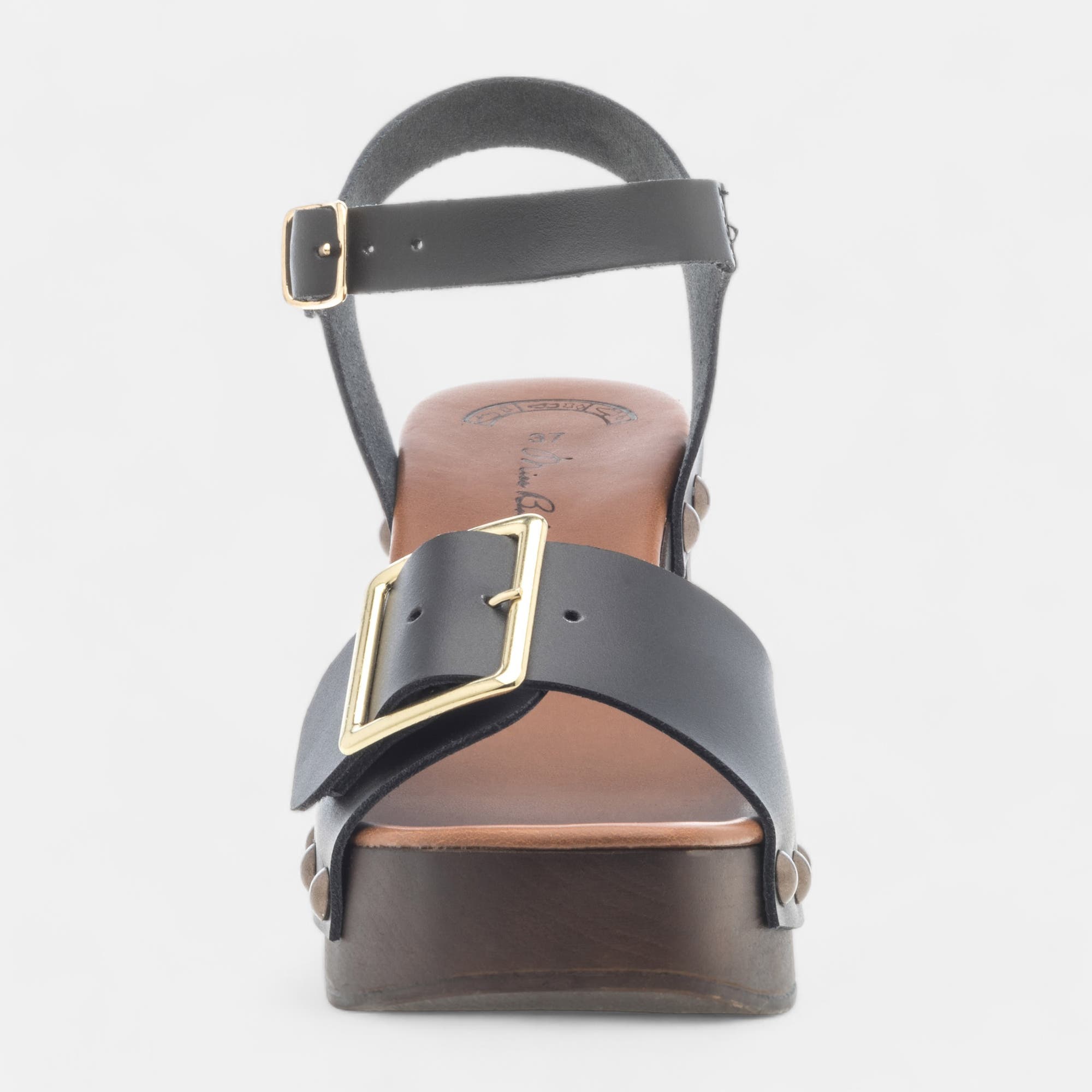Chaussures semelle bois à talon Femme en cuir noir