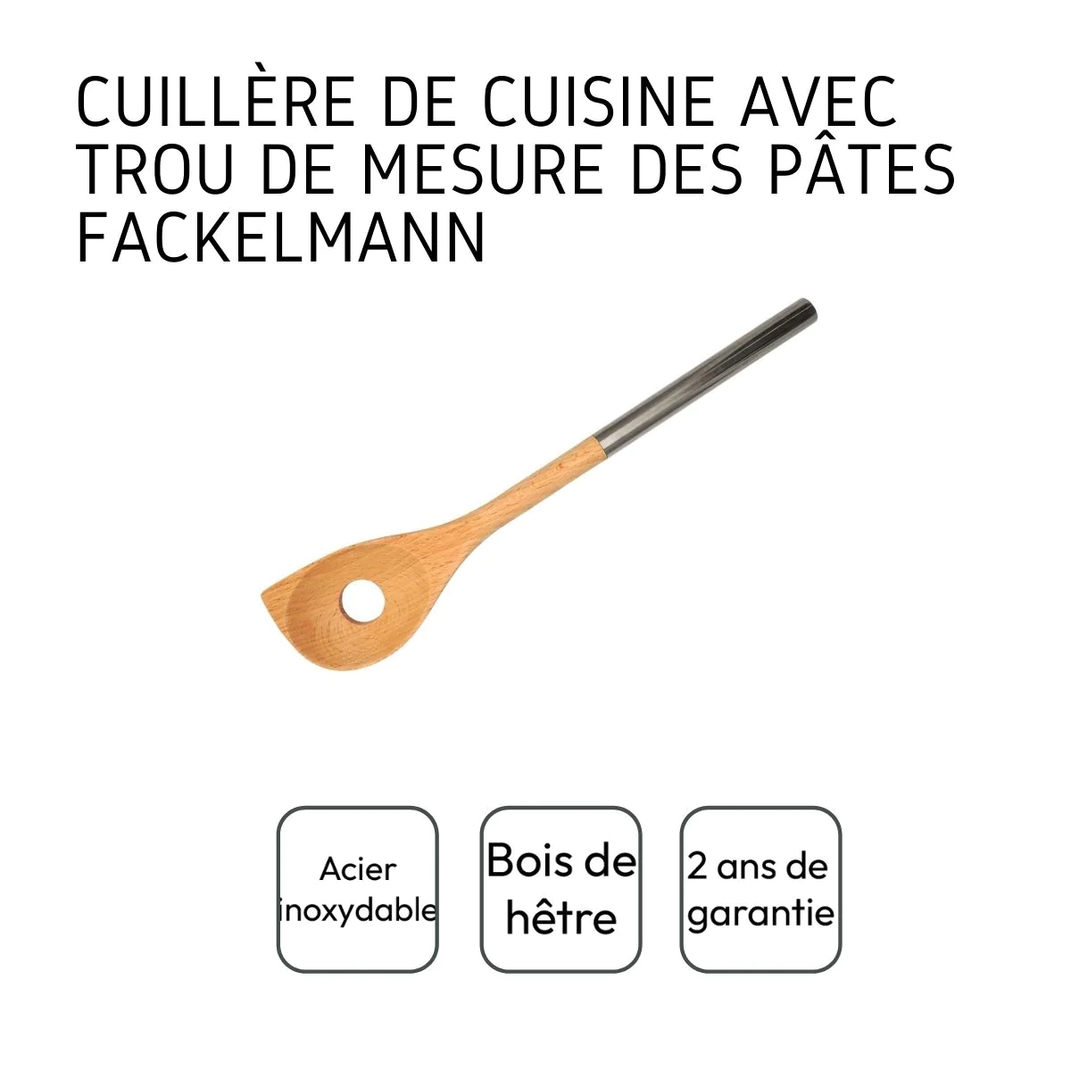 Cuillère en bois biseautée avec un trou manche inox 34 cm Boissellerie
