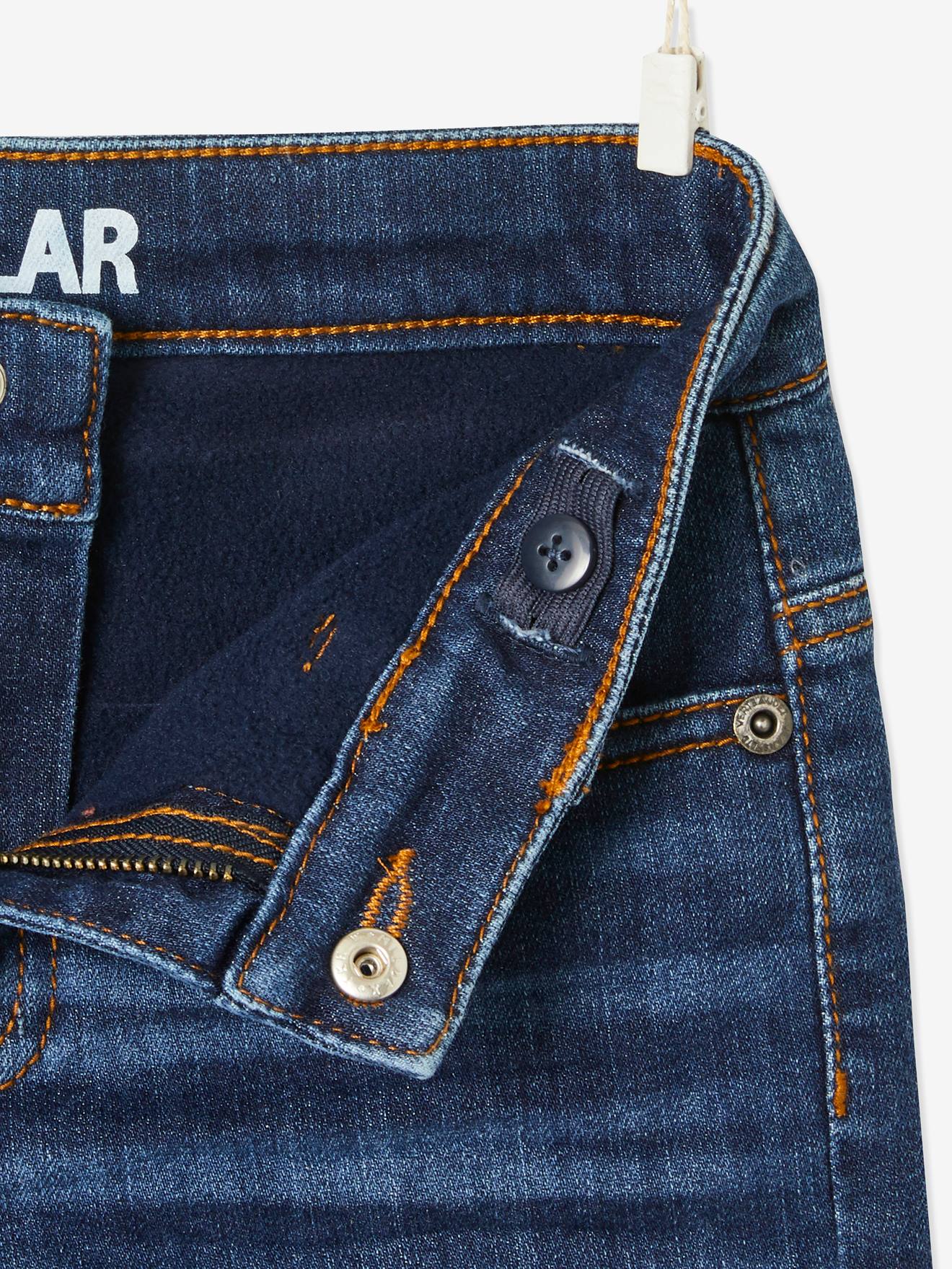 Calça jeans indestrutível de corte reto com forro de lã, para meninos, azul escuro liso
