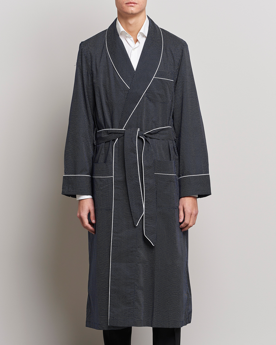 Derek Rose Polka Dot Cotton Satin Dressing Gown Navy