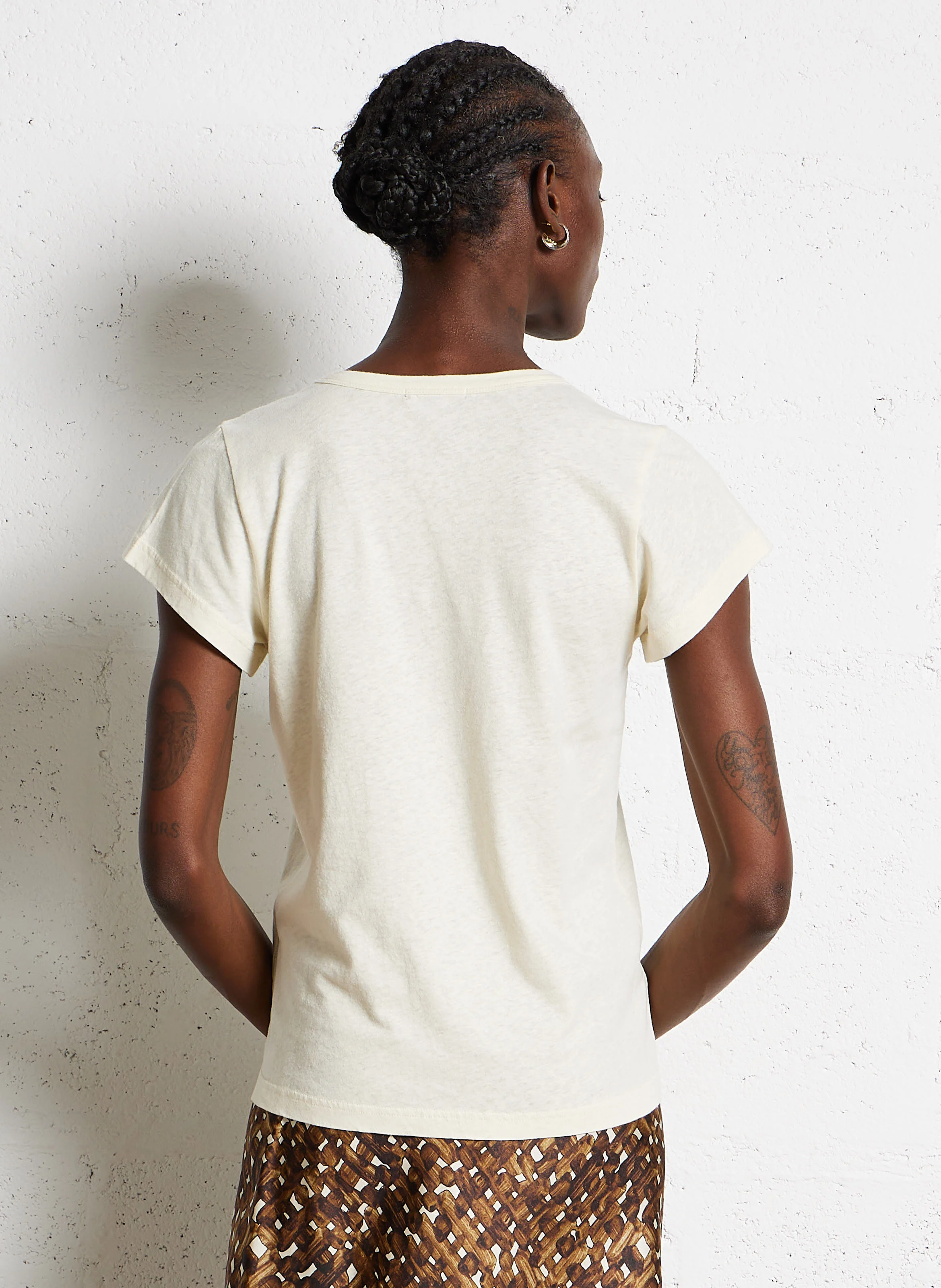 DOMINIQUE - Tee-shirt col V en coton et lin mélangé | Beige