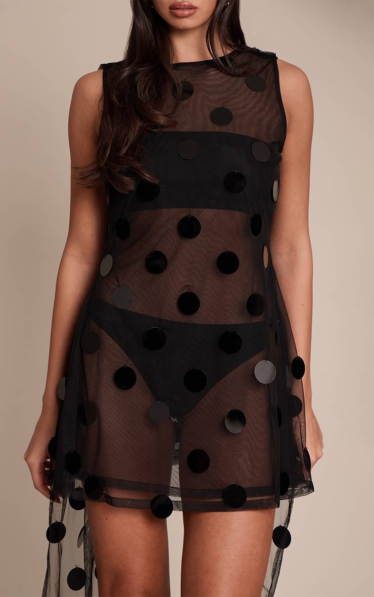 Noir Robe Mini À Détail Drapé De Sequins Disques Transparents Premium