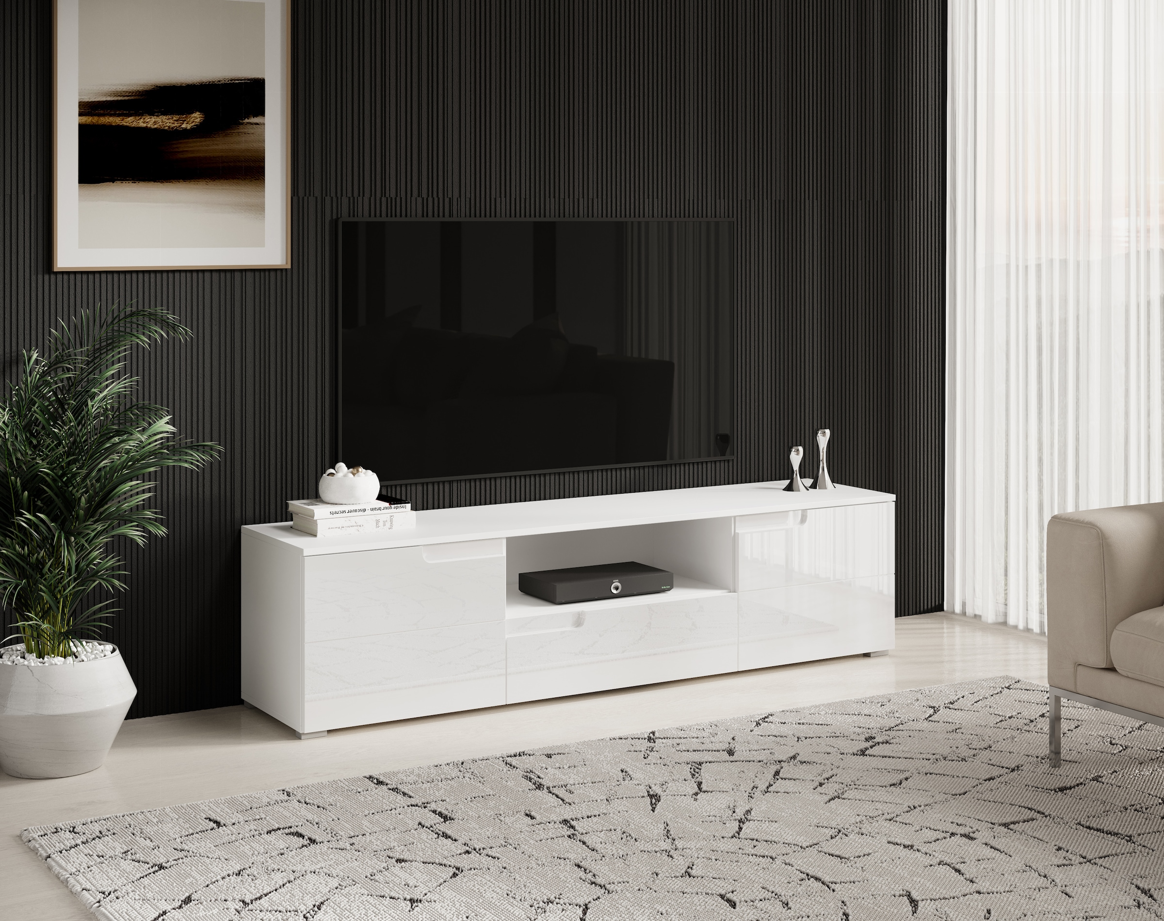 HBZ Lowboard »Spice weiss Hochglanz, TV Schrank bis 65 Zoll, BxHxT 165x42x40 cm« 1 Stk. tlg. Mit 2 Türen, 1 Schubkasten, 1 Kabeldurchführung, 1 offenes Fach