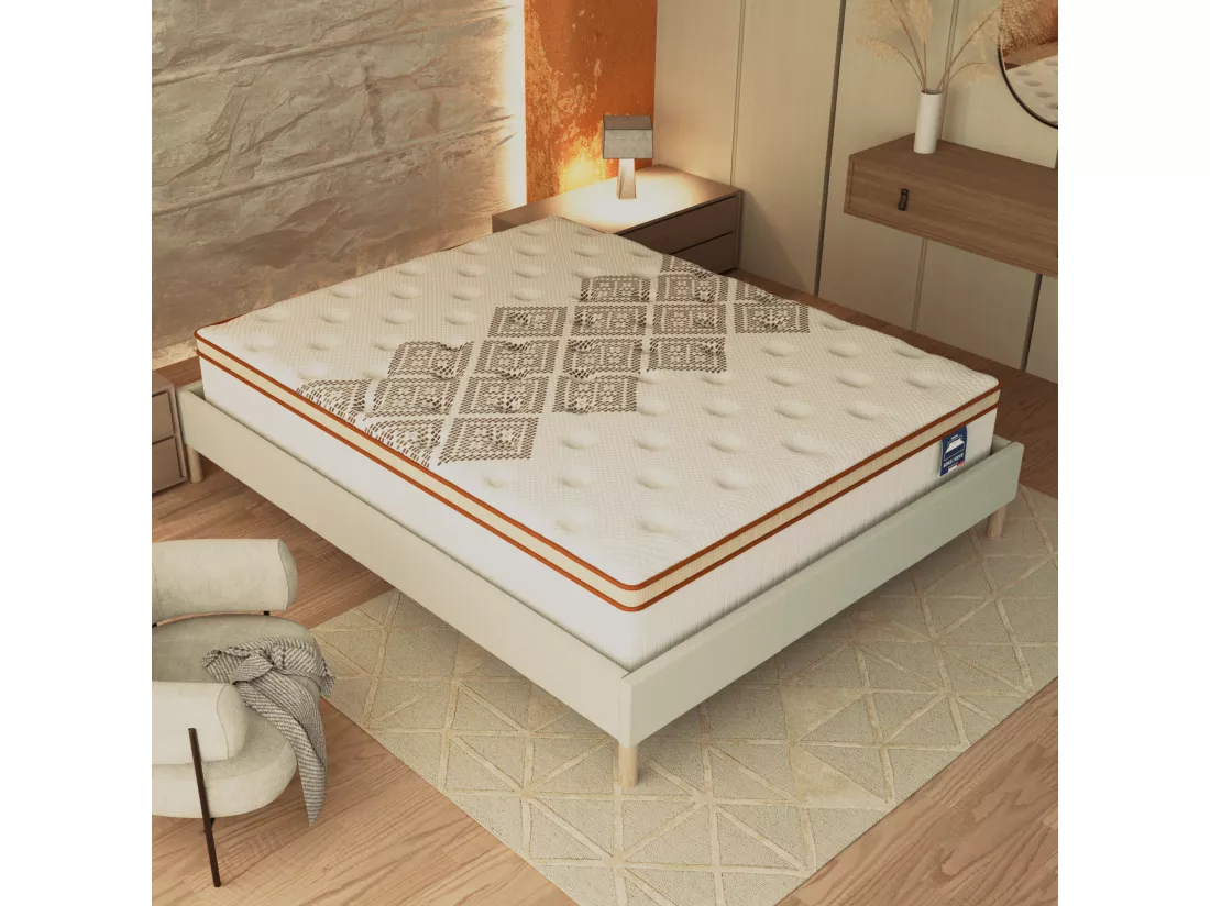 Sommier 90x190 cm, Revêtement en tissu Blanc Crème, Pieds en bois