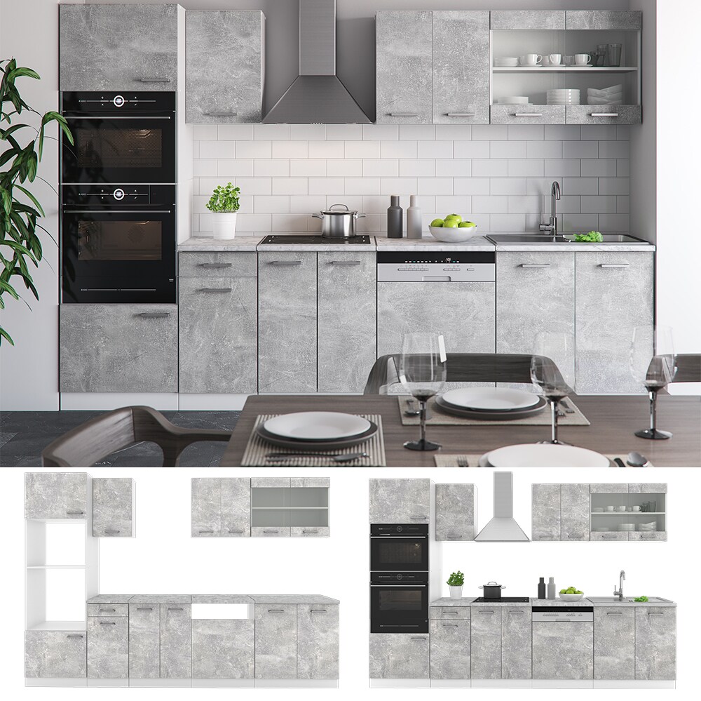 VICCO KÜCHE R-LINE 300 CM KÜCHENZEILE KÜCHENBLOCK EINBAUKÜCHE BETON MIT ARBEITSPLATTEN