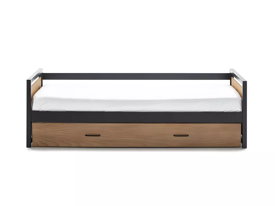 Lit gigogne industriel BOSTON - 2 x 90 x 190 cm - MDF, Pin et métal - Coloris : Noyer et anthracite + Matelas