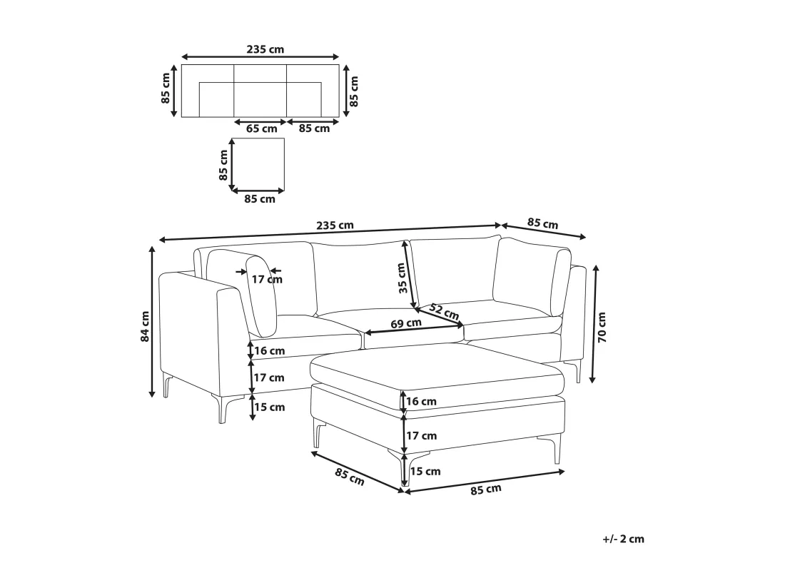 Canapé modulable 3 places en velours vert avec pouf ottoman EVJA