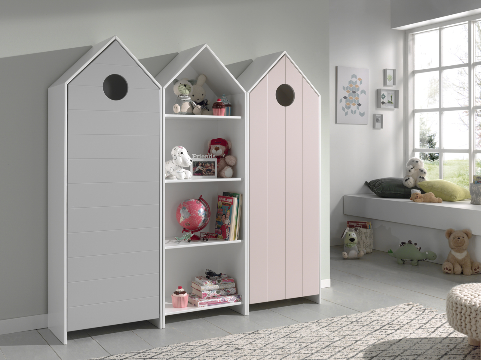3er-Schrank-Set CASAMI - weiß-grau-rosa - Strandhaus-Design - 172 cm breit