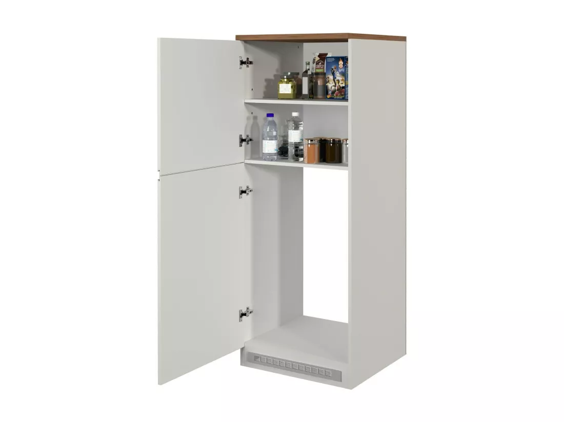 Buffet de Cuisine Dcasasol, Armoire polyvalente, Meuble de kitchenette, Support réfrigérateur multifonctionnel, 100% Made in Italy, 60x60h165 cm, Blanc brillant et chêne
