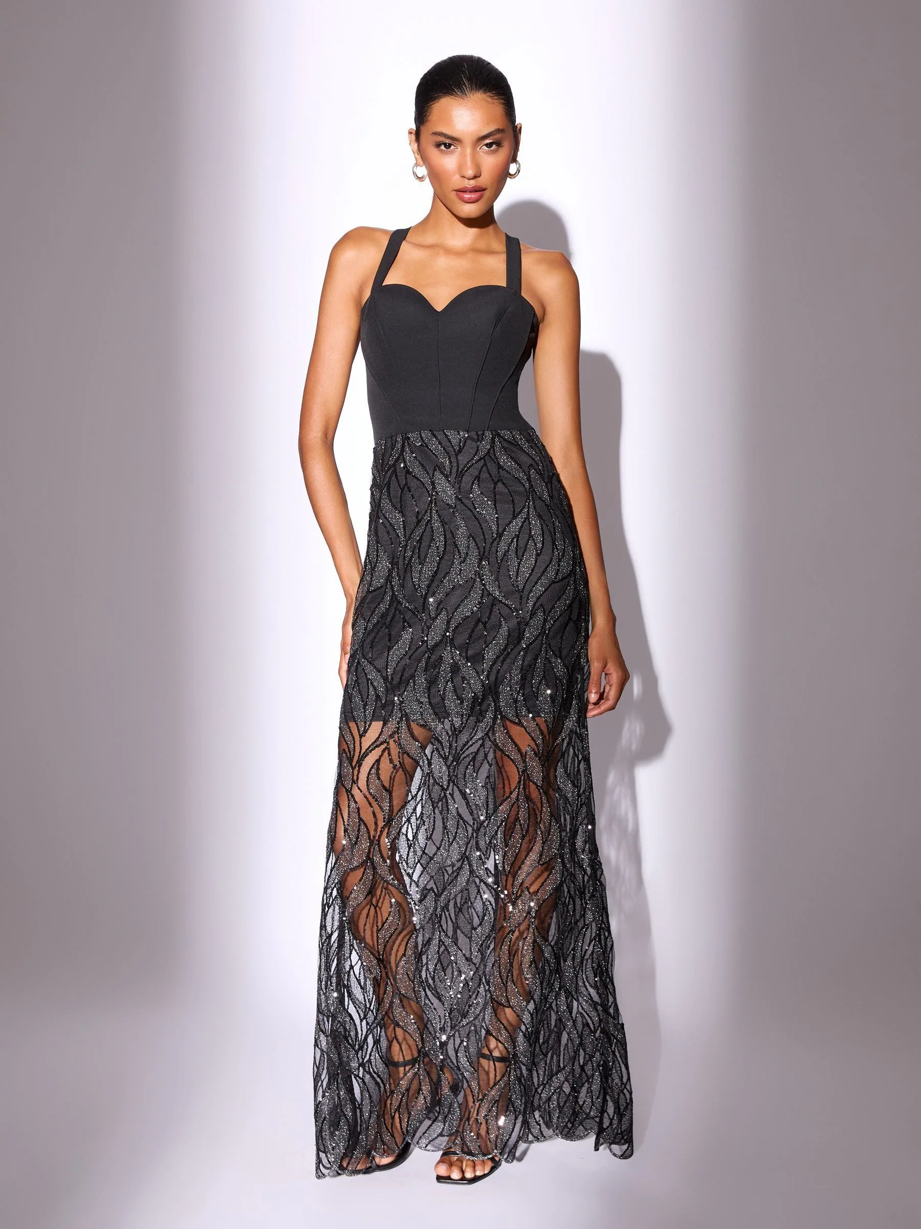 Lipsy Corset Detail Sequin Sheer Skirt Maxi Dress