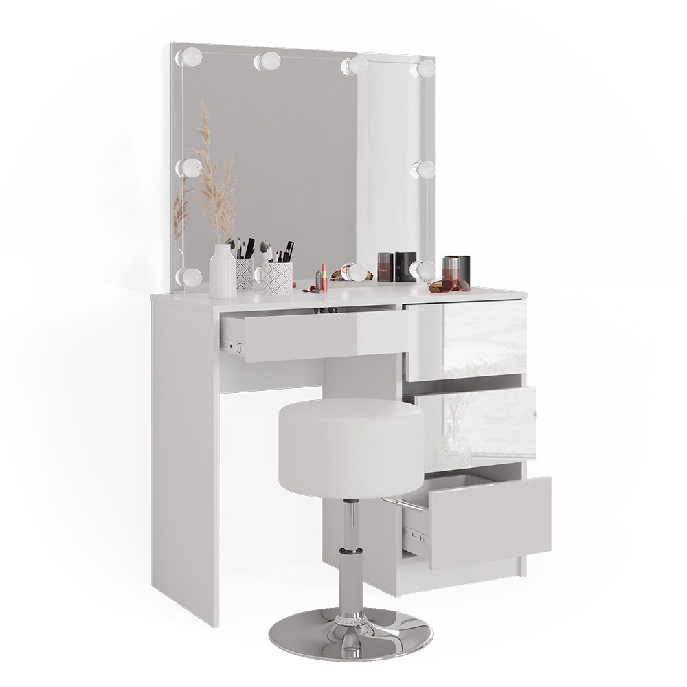Vicco Schminktisch Frisiertisch Frisierkommode Sherry Weiß Schminkspiegel LED Hocker 90x75 cm modern Schlafzimmer Kommode Schublade Ablage Aufbewahrung Kosmetiktisch Make-Up-Tisch Hochglanz