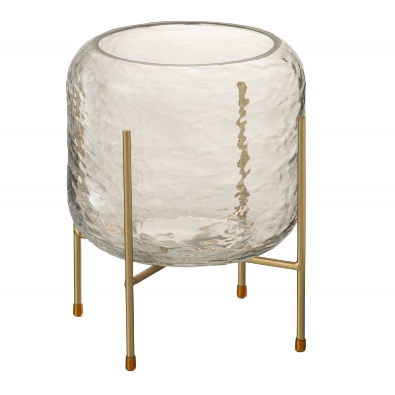 Vase rond en verre sur pied en métal doré 19x22.5cm