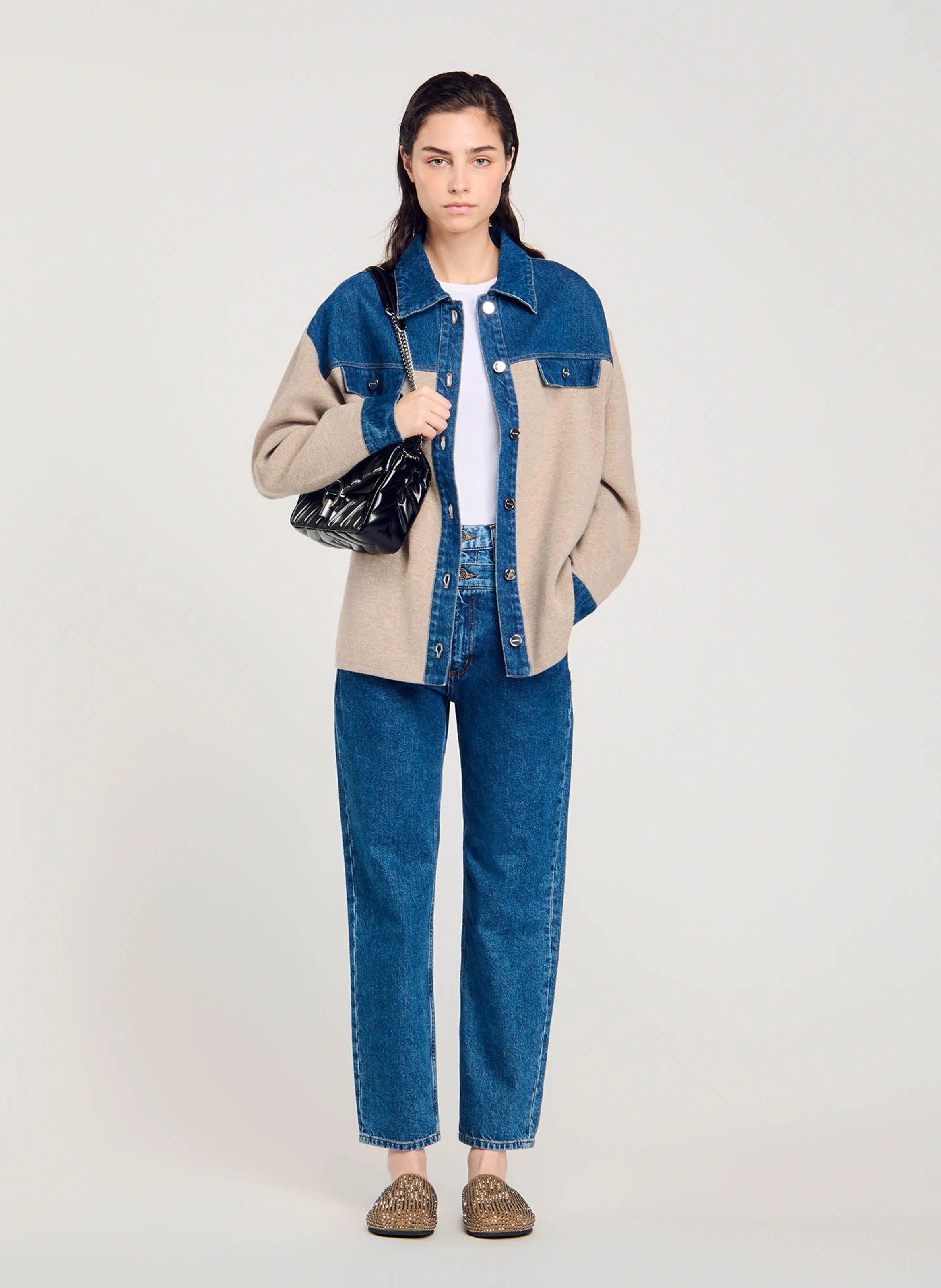 Cardicoat ample en maille et jean | Beige
