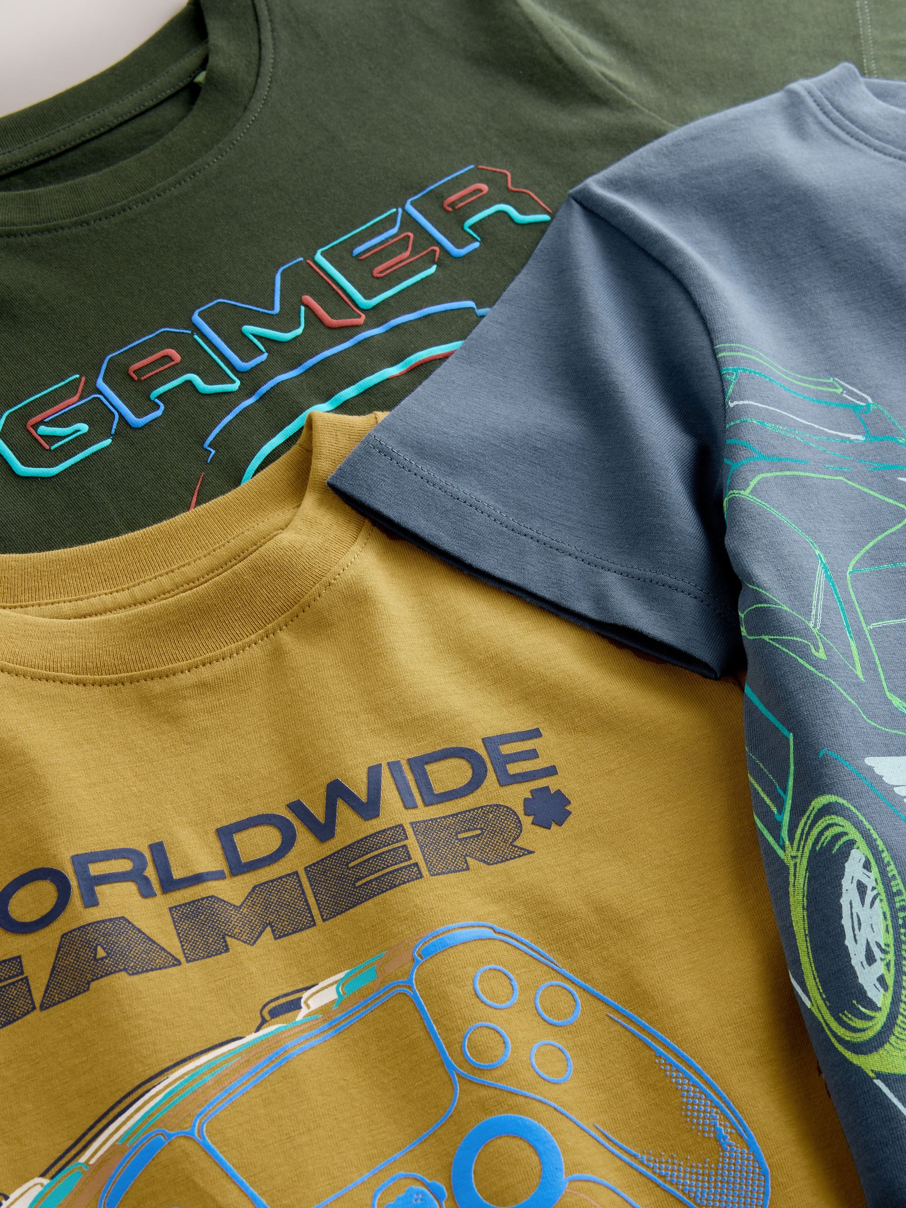 Blauw/groen/geel - Regular fit T-shirts met grafische print en korte mouwen 3 stuks (3-16jr)