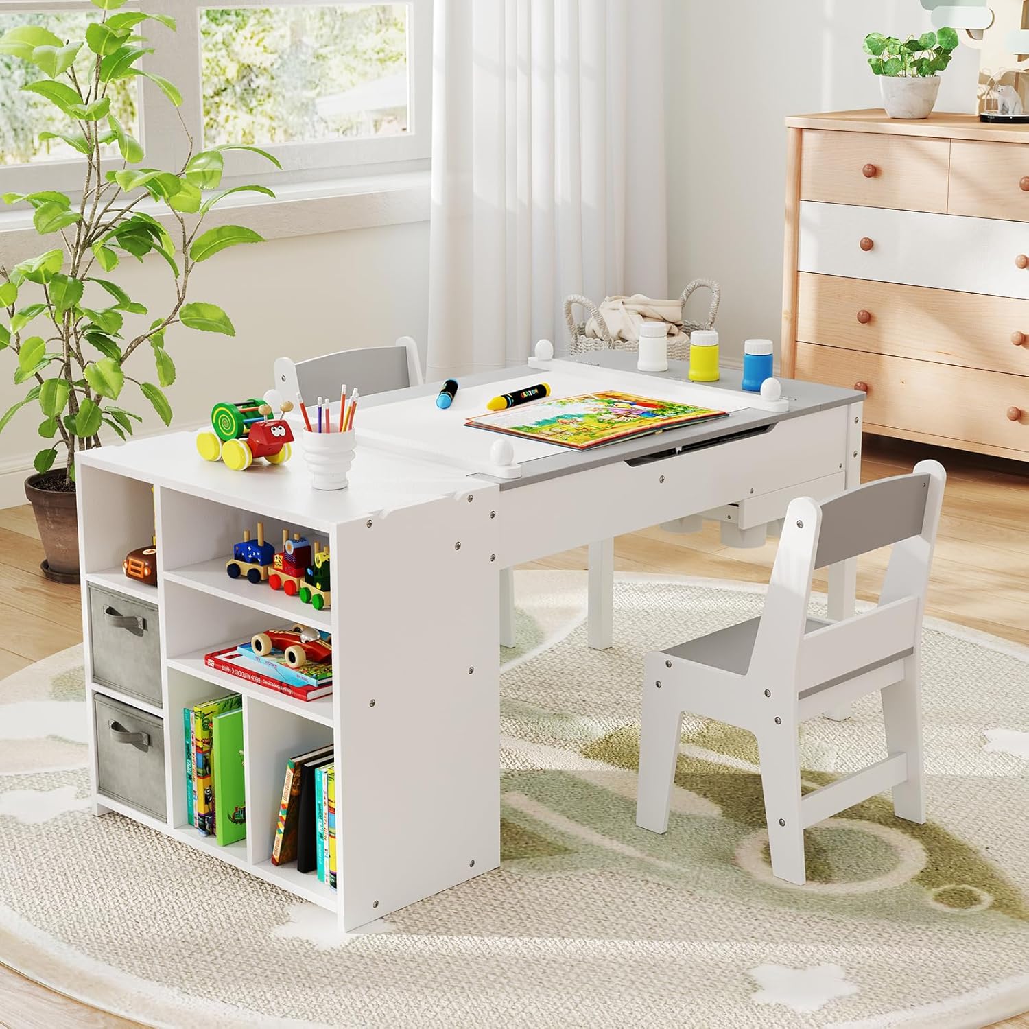 COSTWAY Kindertisch mit 2 Stühlen, 3 in 1 Maltisch+Staffelei Holz mit Stauraum, Kindersitzgruppe mit anhebbarer Tischplatte & abnehmbarem Ablagetablett, Basteltisch Kinder für ab 3 Jahren (Grau)