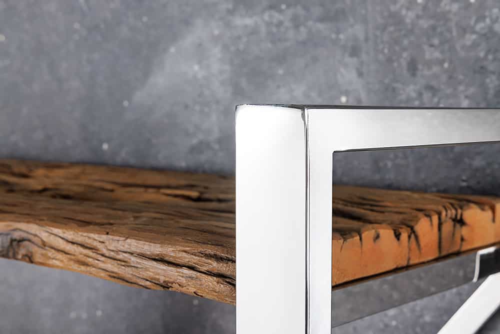 Massivholz Regal BARRACUDA 185cm braun Teakholz silber Edelstahl verchromt Bücherregal