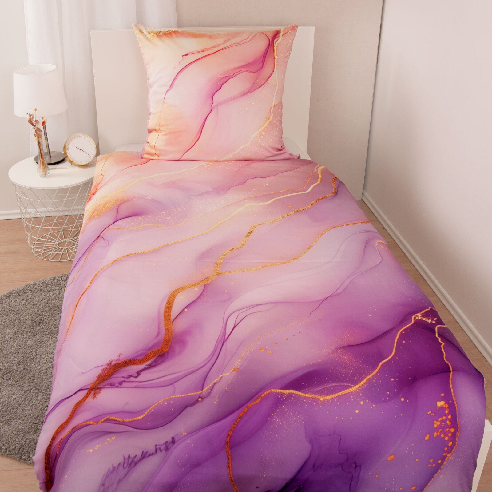 Satin-Bettwäsche - lila-gold - 135x200 cm