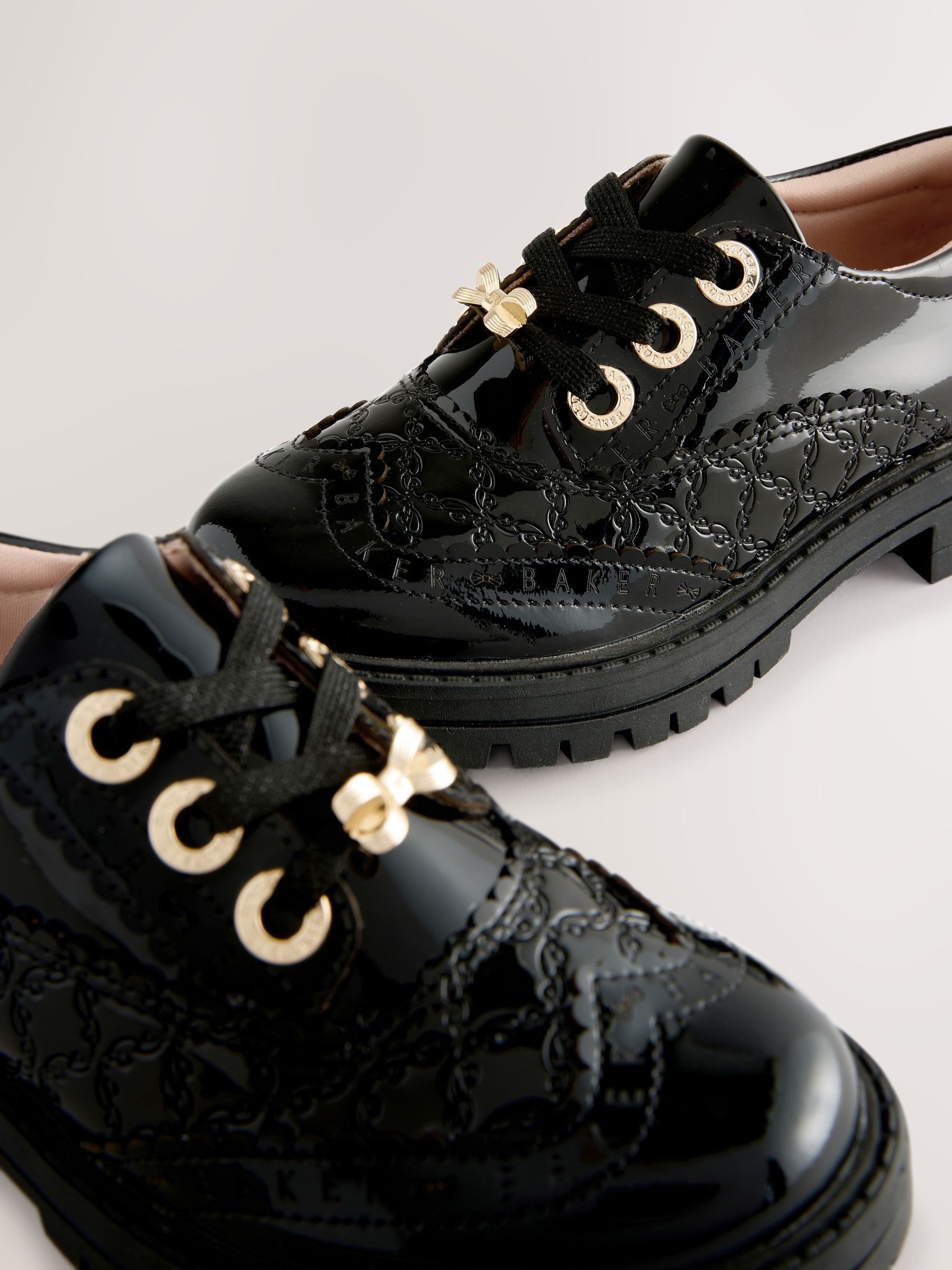 Baker by Ted Baker Girls Back to School Chunky Patent Black Brogue Shoes with Bow