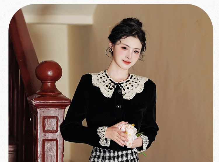 Cocaliso - Effen vest met kanten kraag / Geruite midi-rok met hoge taille / Set