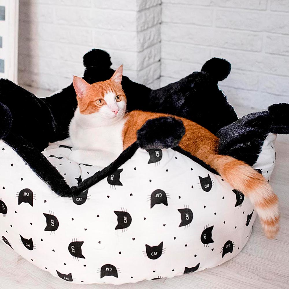 Lit rembourré couchage chats mikado avec coussin, fourrure écologique et coton, lavable