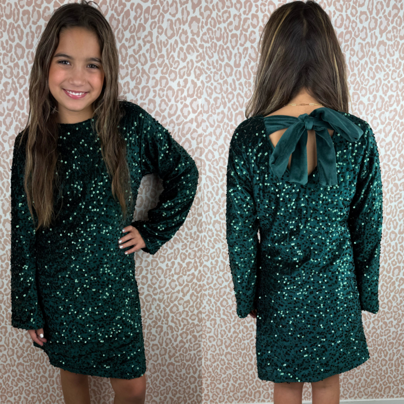 Green paillet & bow dress