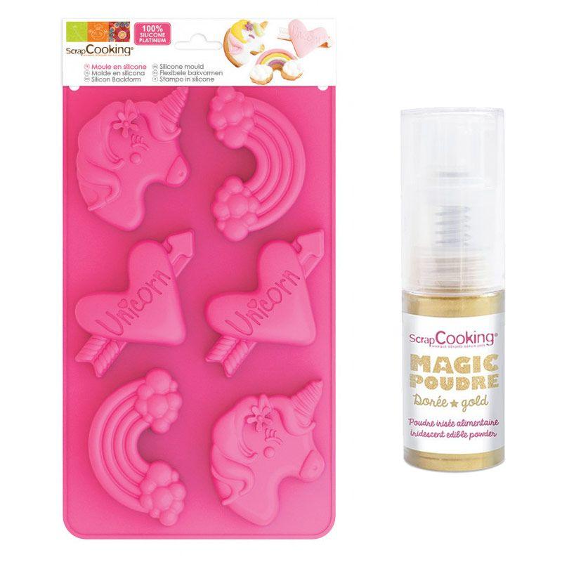 Moule en silicone Licornes + 1 poudre alimentaire irisée dorée Scrapco