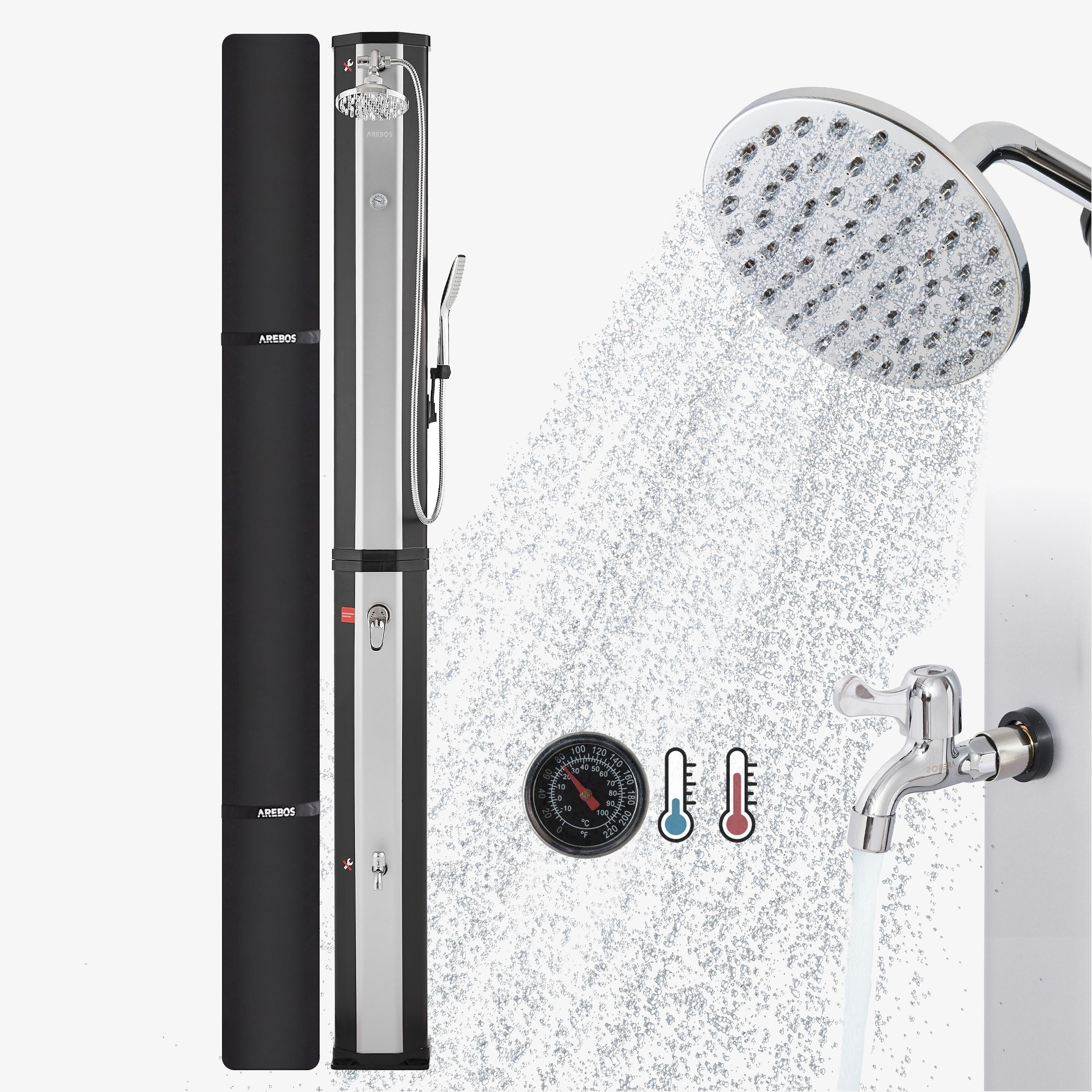 Solardusche 60L mit Handbrause und Themometer schwarz/silber