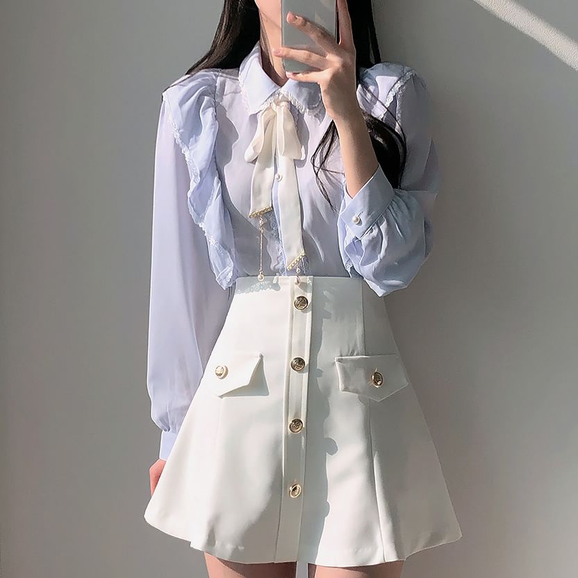 Sienne - Shirt met lange mouwen en strik, imitatieparels en kant