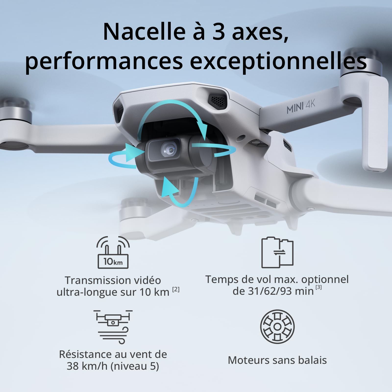 DJI Mini 4K, Drone Caméra 4K UHD, Moins de 249 g, Stabilisation de la Nacelle à 3 Axes, Transmission Vidéo sur 10 km, Retour Auto, Résistance au Vent,