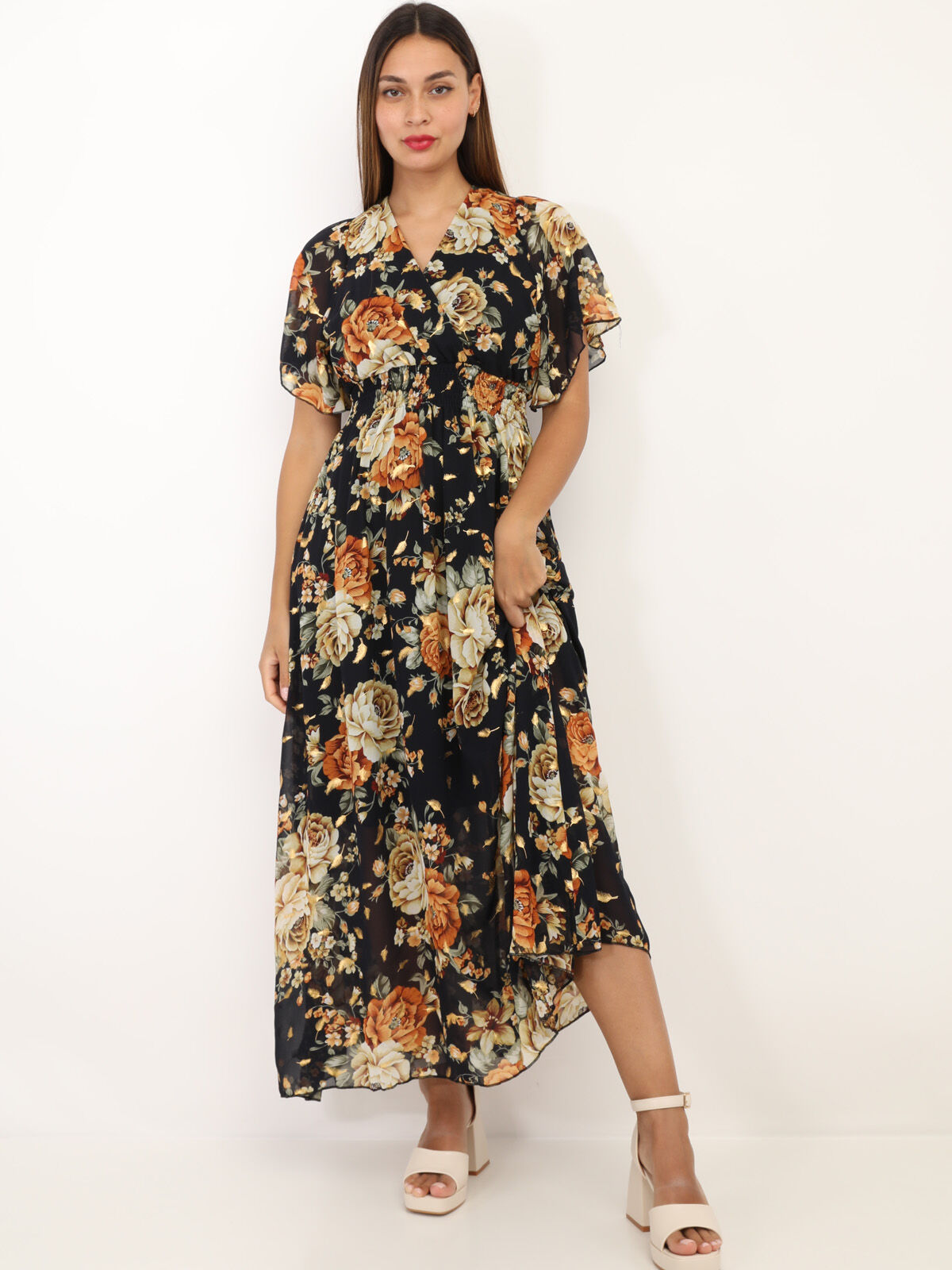 Robe longue cache cœur à fleurs- Bleu marine