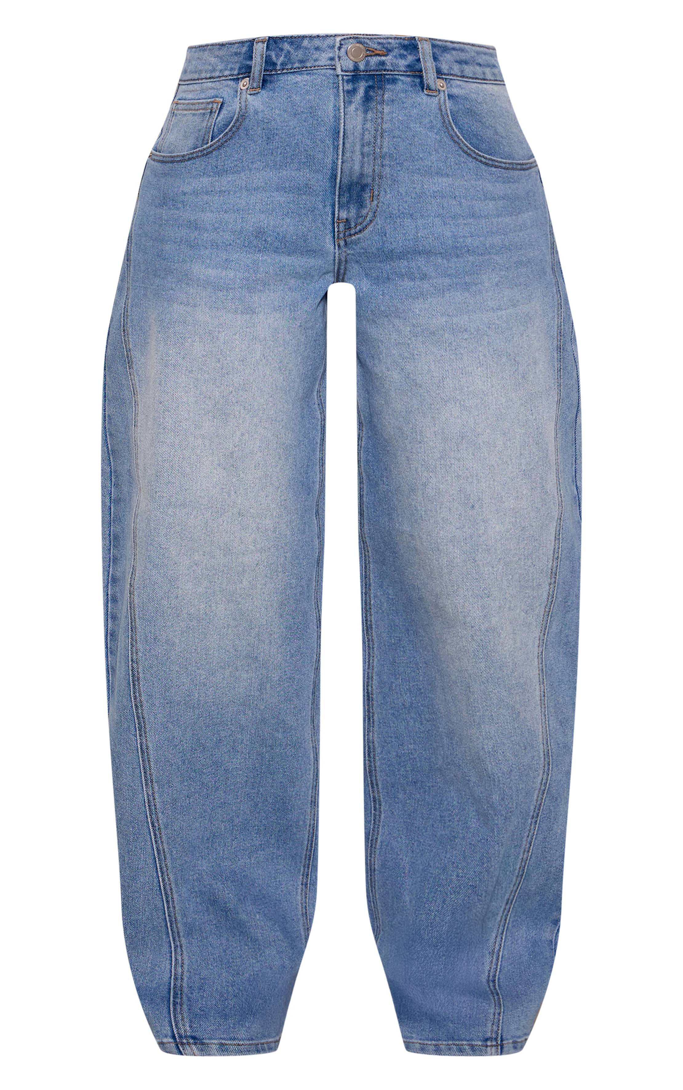 Mid Blue Wash Jean Barrel Taille Mi-haute Stretch Petite