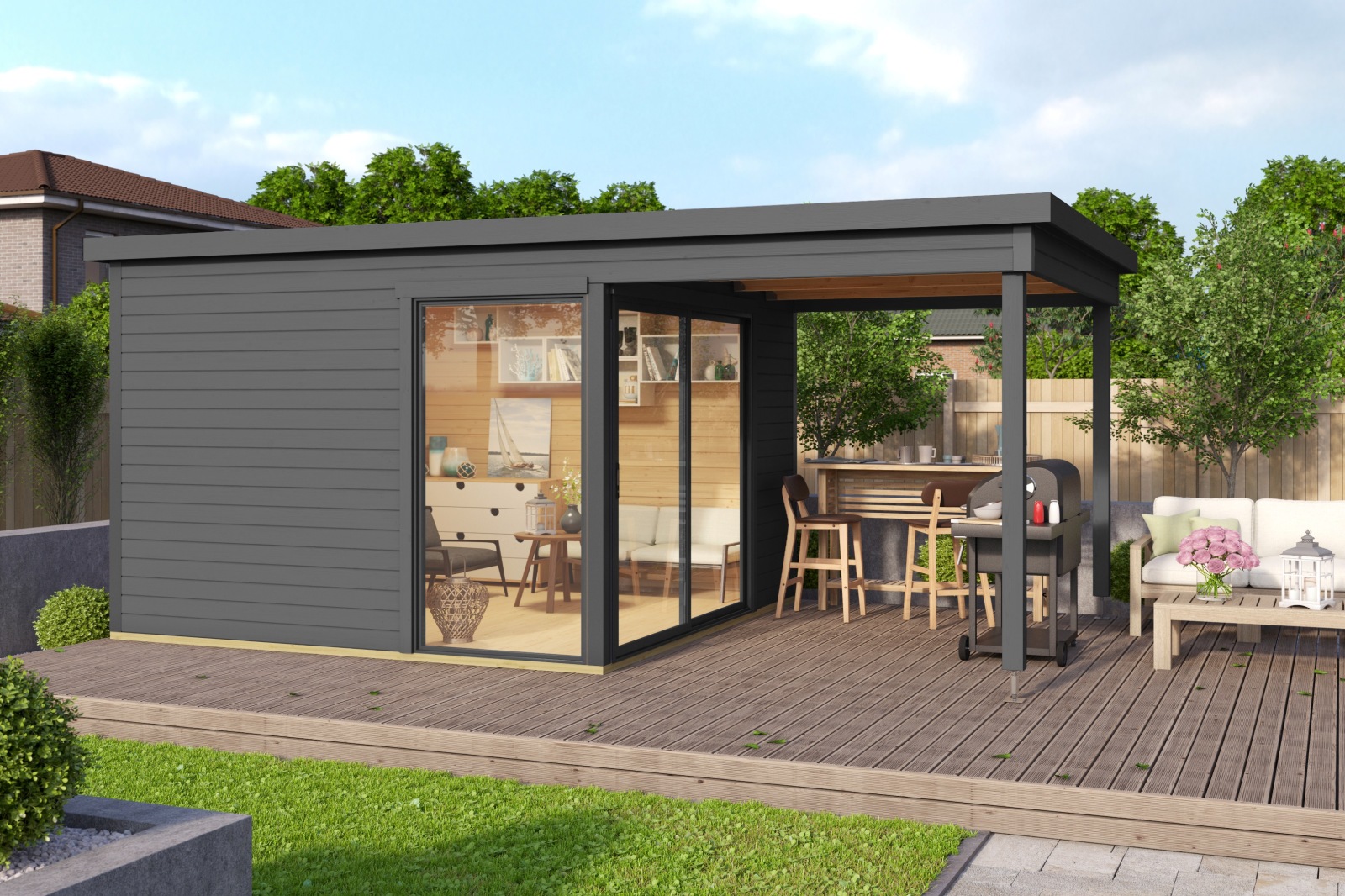 Gartenhaus DOMEO 2 - carbongrau-anthrazit - Fichte massiv - 504,4x300 cm