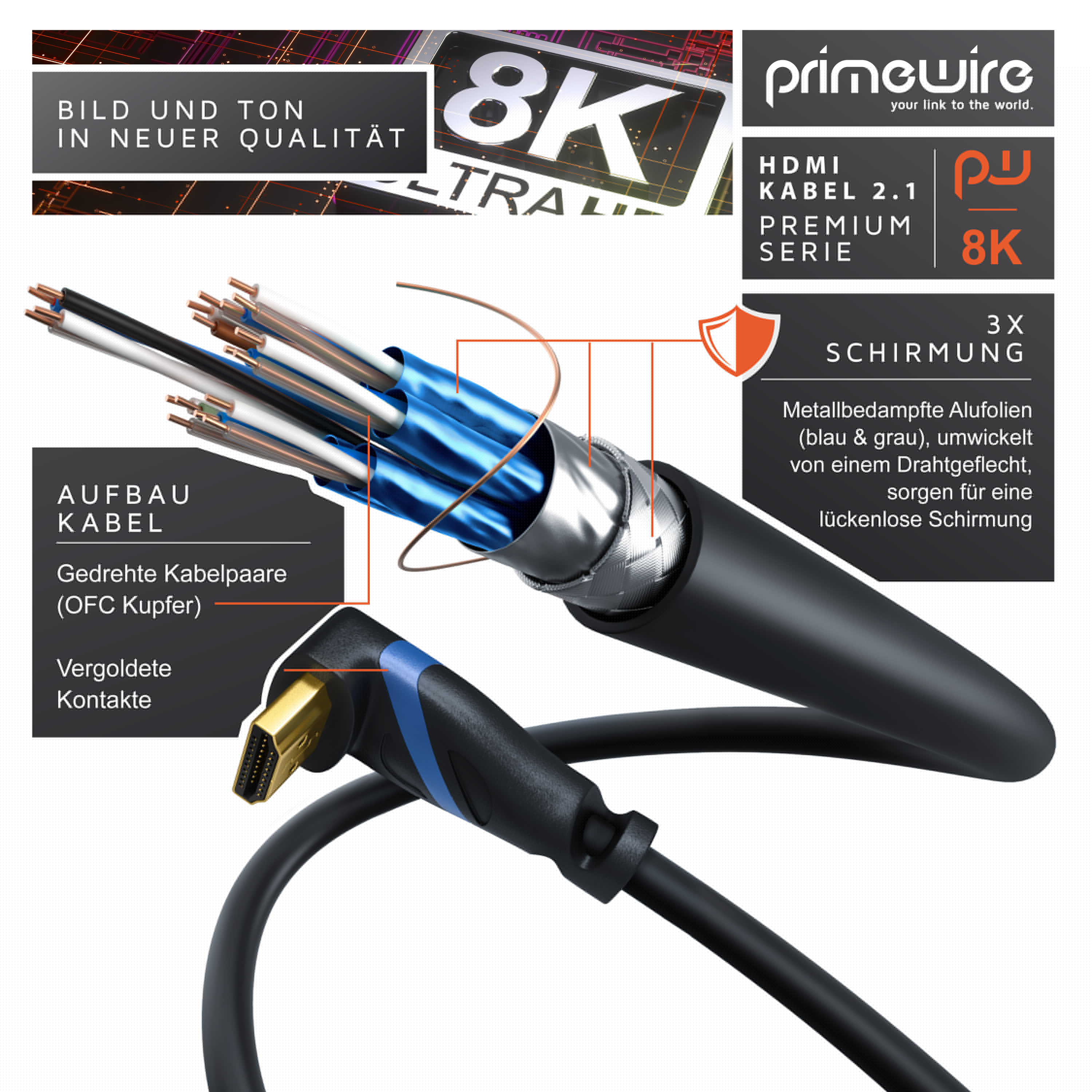 Primewire 8K Premium HDMI Ultra High Speed Kabel 2.1 270° gewinkelt, 7680 x 4320 @ 120 Hz mit DSC - 0,5m
