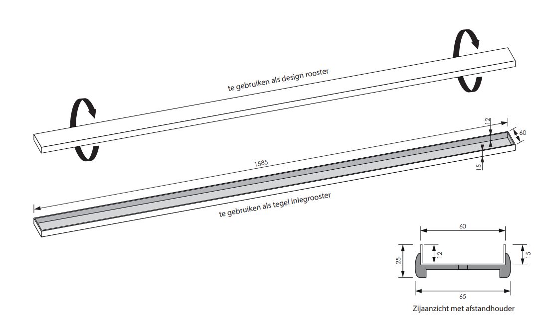 Brauer los multifunctioneel tegelinlegrooster 160cm RVS geborsteld