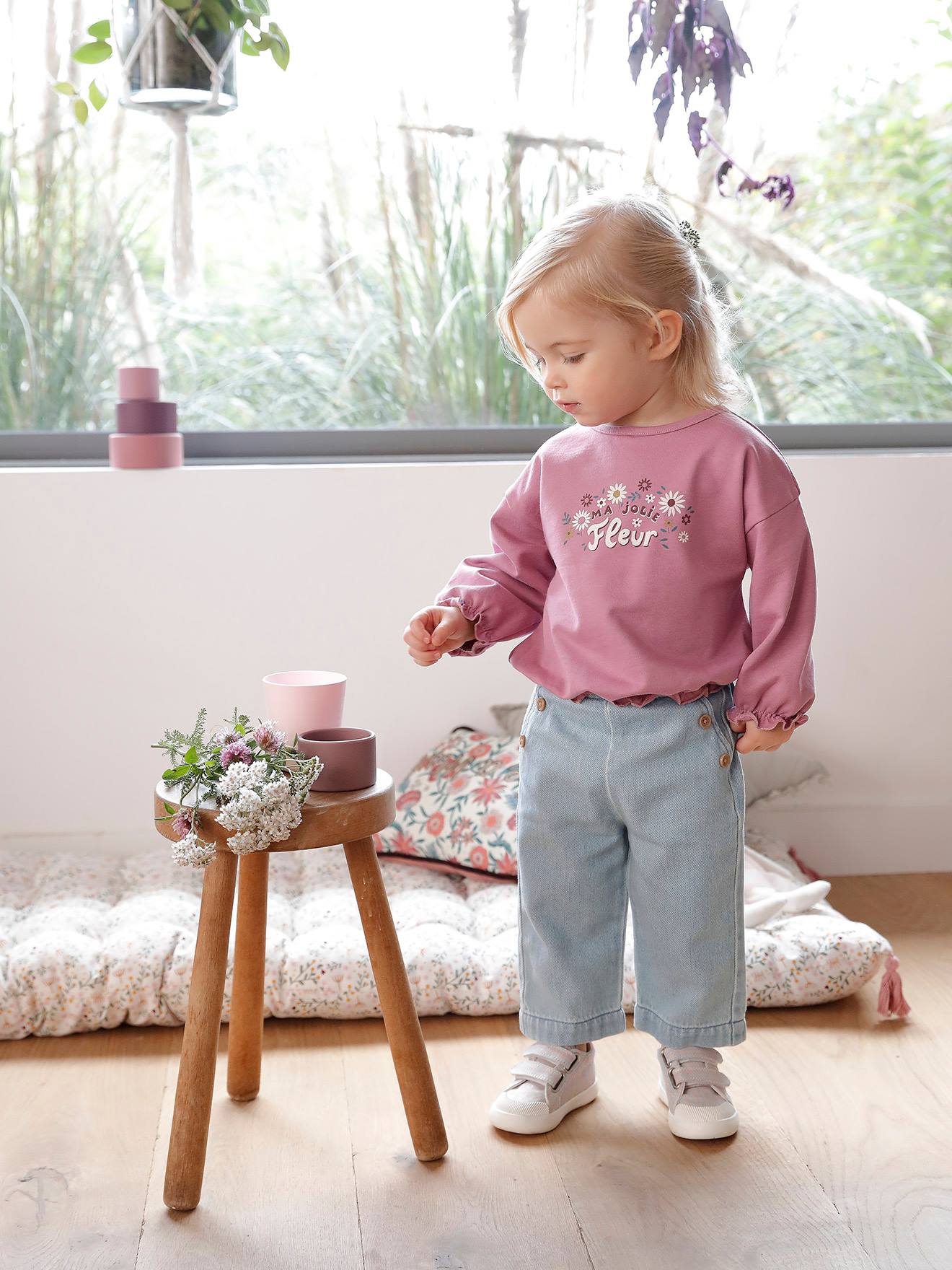 Calças jeans de pernas largas com reforço duplo na virilha para bebês