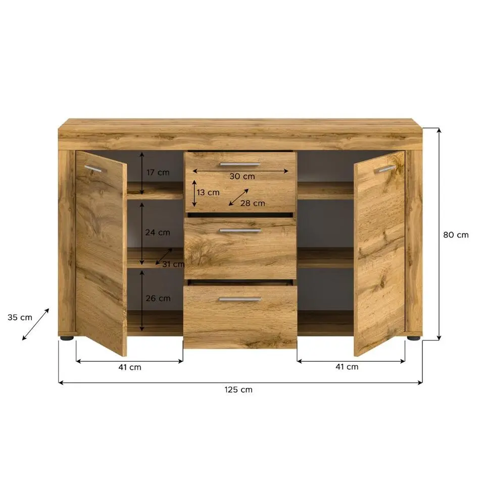 Hioshop Jam dressoir 2 deuren- 3 lades eiken decor