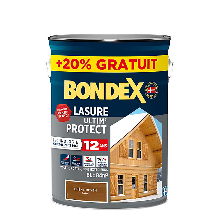 Lasure bois Ultim’ protect Chêne moyen 12 ans Bondex 5L + 20% gratuit