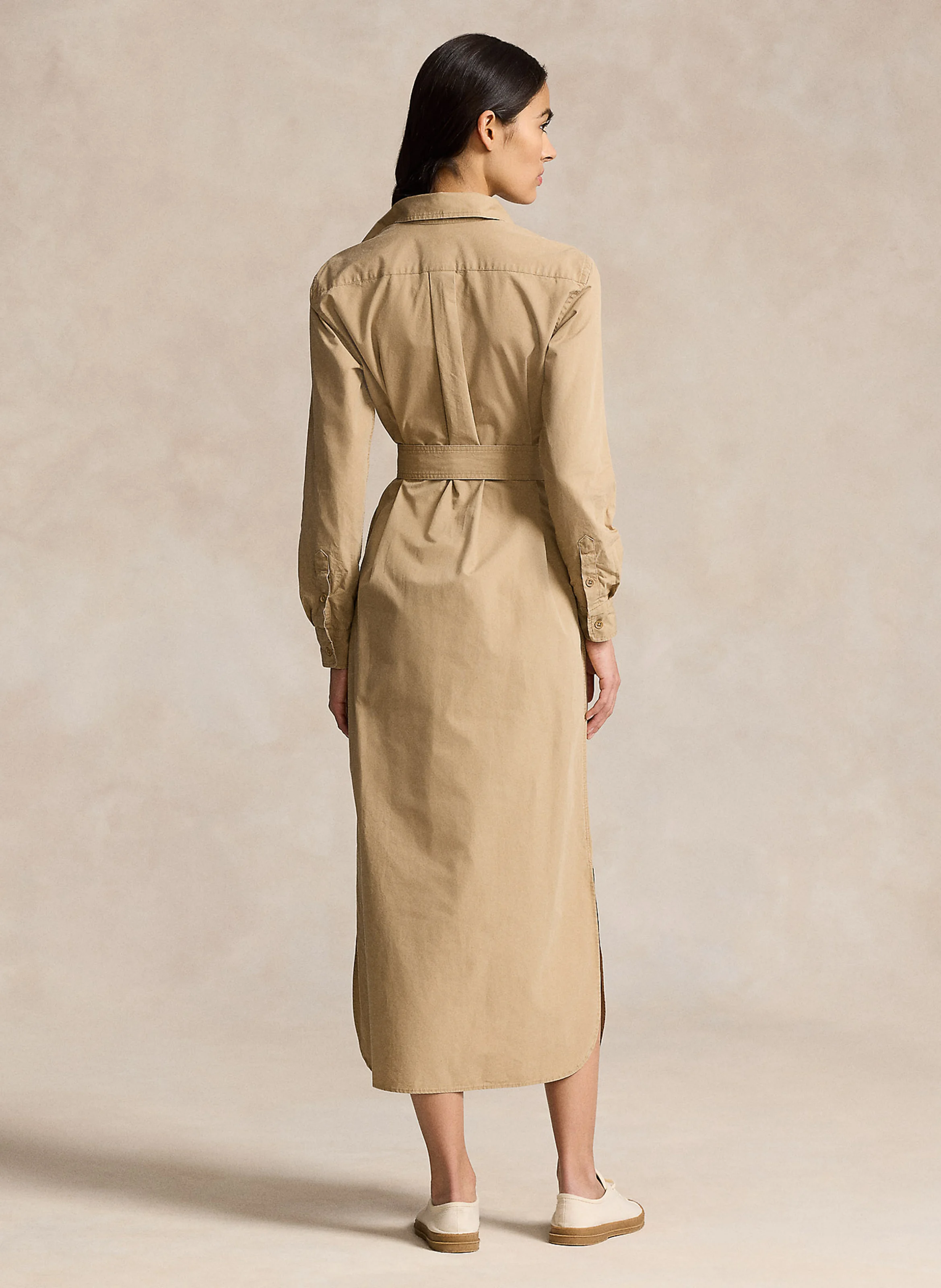Robe longue col classique en coton | Beige