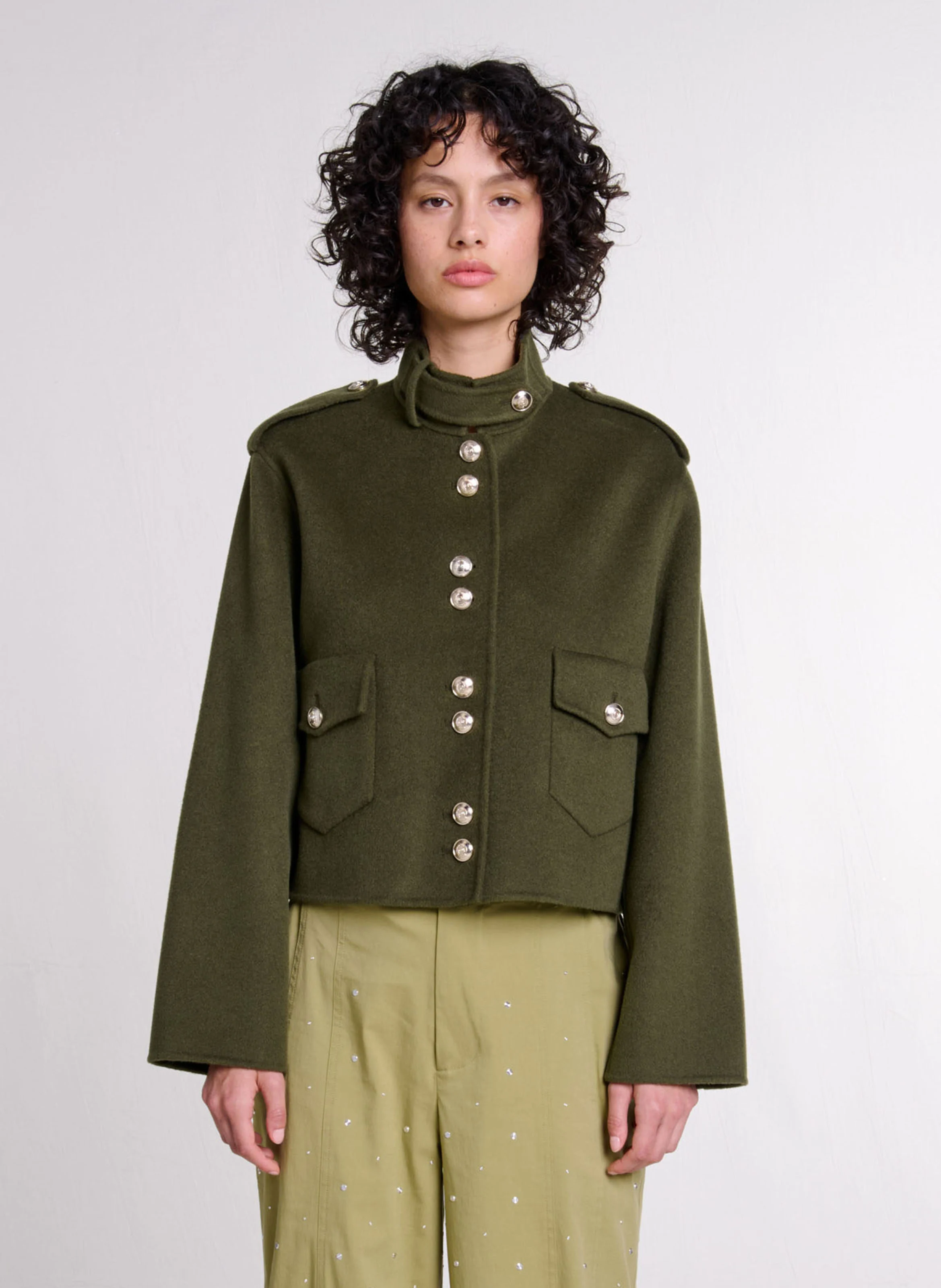 Veste courte col officier en laine feutré | Kaki