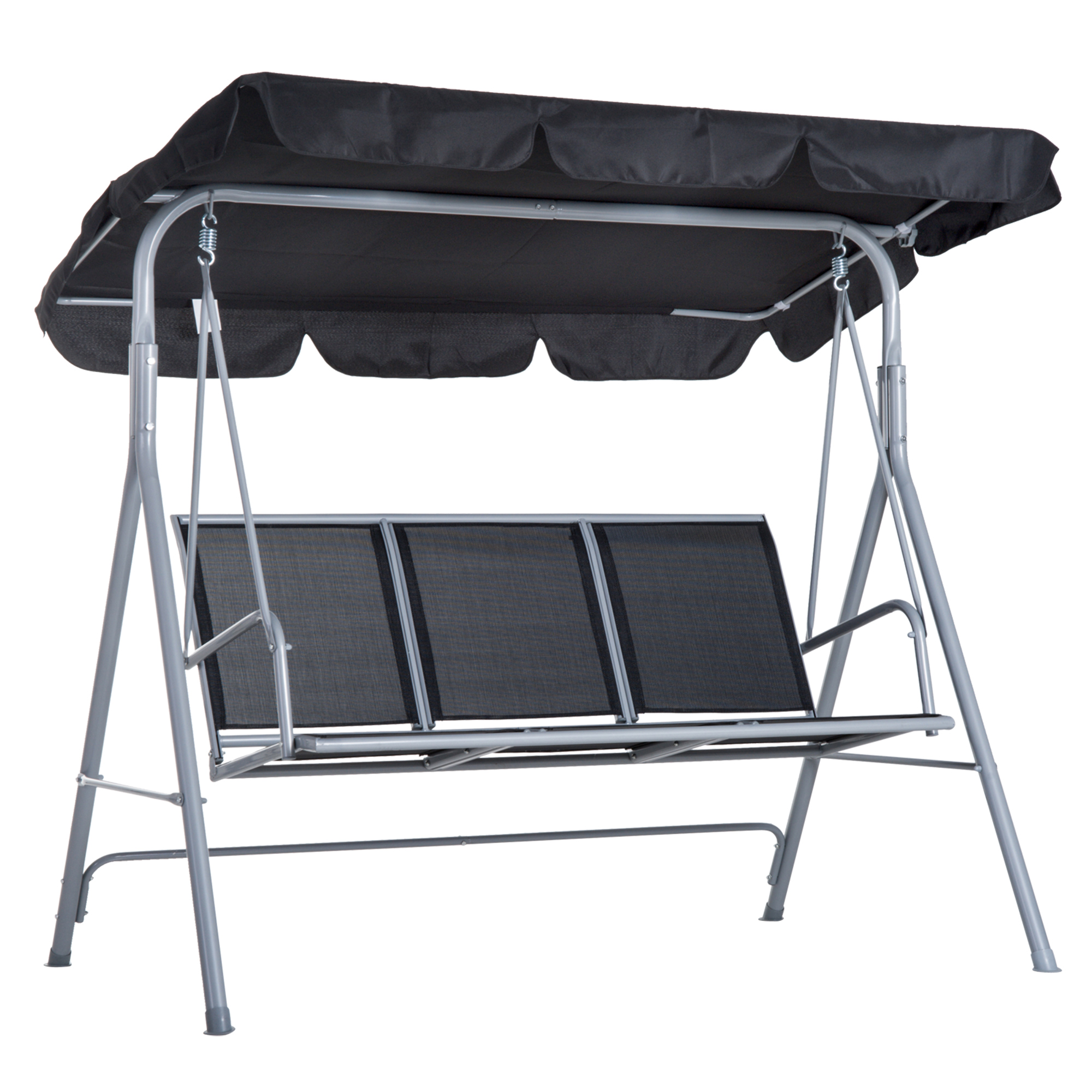 Balanço de jardim Outsunny para 3 pessoas, com cobertura ajustável, encosto respirável e estrutura metálica, ideal para varandas e pátios. Capacidade de carga de 240 kg, dimensões: 171 x 108 x 154 cm, cor preta.