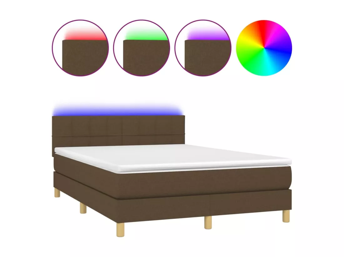 Sommier tapissier matelas et LED Marron foncé 140x190 cm Tissu