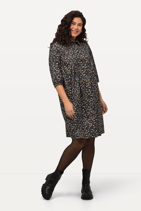 Cordkleid, Blüten, A-Linie, Hemdkragen, 3/4-Arm