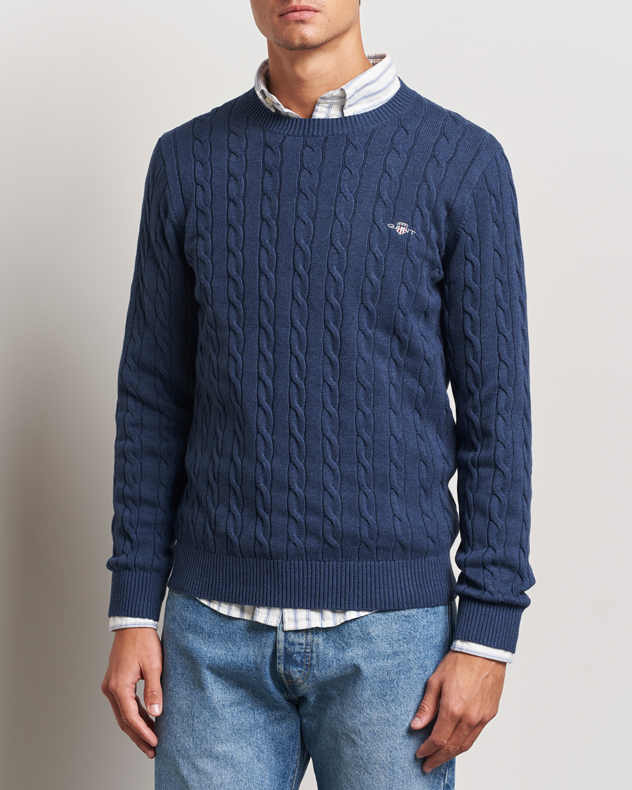 GANT Cotton Cable Crew Neck Dark Jeans Blue Melange